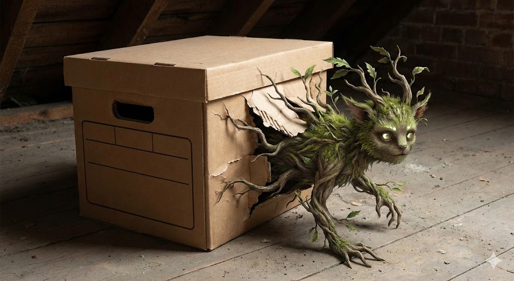 A living creature emerging from a storage box