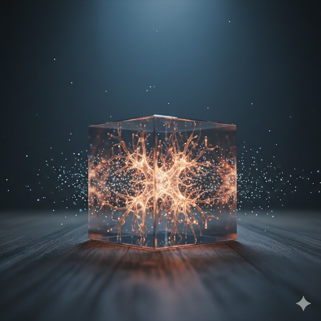 Neural network contained inside a glowing glass cube