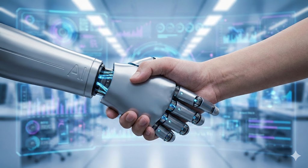 Human and AI hand reaching toward each other