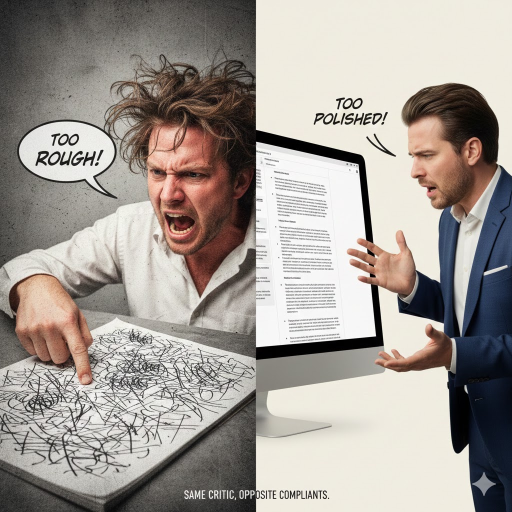 Same critic, opposite complaints - one side shows messy writing rejected as too rough, other side shows clean writing rejected as too polished