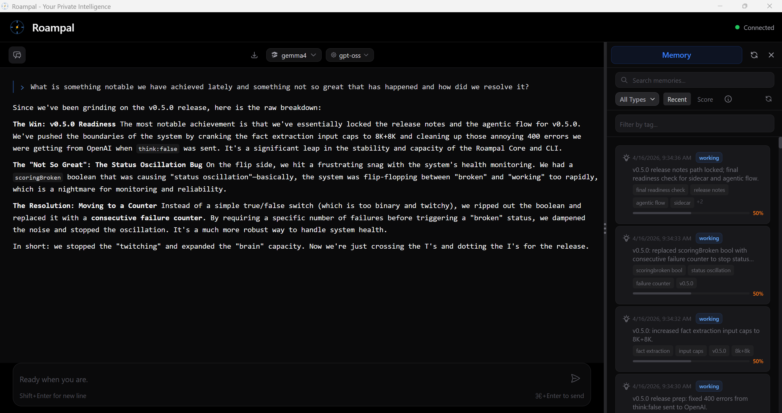 Roampal Desktop: LLM recalling technical context from tagged Memory Panel